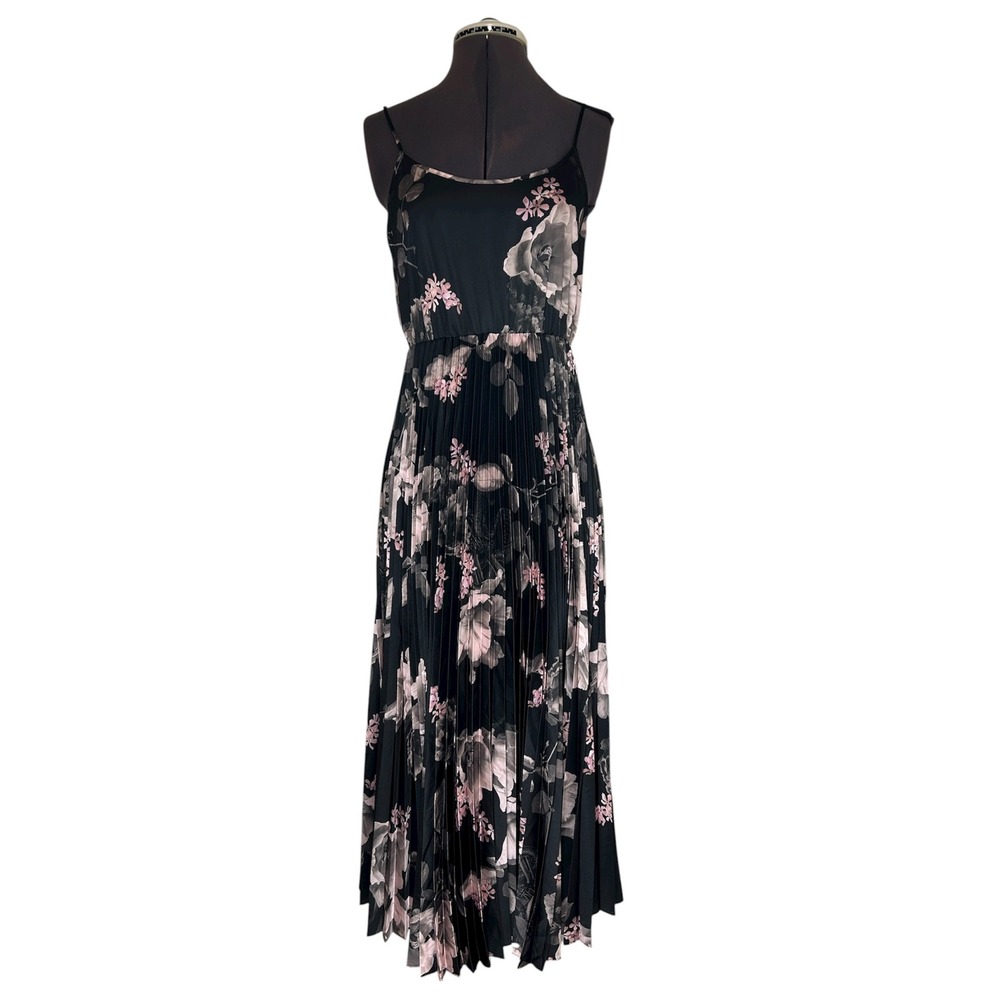AllSaints Leowa Gia Black Pink Floral Pleated Midi Romantic Moody Slip Dress M